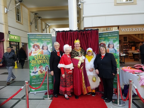 The Plaza Panto Team looking resplendent in their finery promoting Jack And The Beanstalk in Merseyway Shopping Centre - 12.10.19