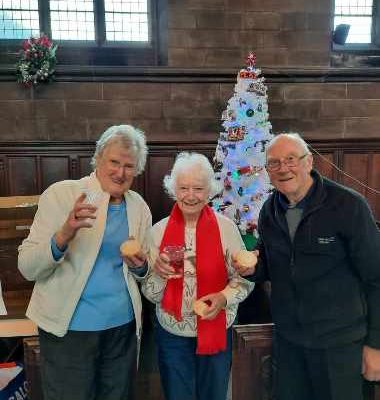 Eve, Brenda and Alan raised a glass ... and a Mincepie ... to their 'Peter Pan' inspired Tree at the annual St Georges Christmas Tree Festival.