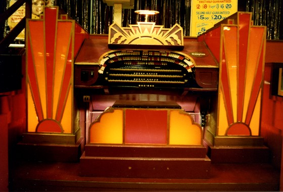 The Mighty Compton Organ during her Bingo Years following damage to her glass panels which were replaced with orange and red perspex.
