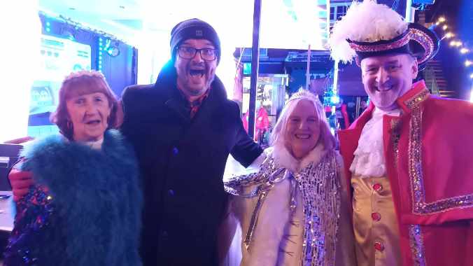 Scott Gallagher who plays Mr Smee in Peter Pan is joined by Plaza Panto team at the 'Light Up Bramhall' event - 26.11.23
