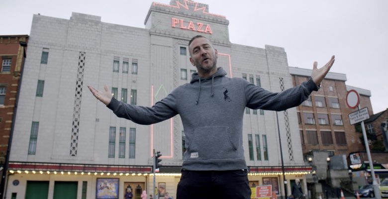 Will Mellor shows his support for One Stockport's campaign tosupport local Businesses outside The Plaza