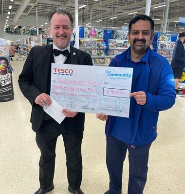 Every Little certainly helps as Tesco Extra on Tiviot Way in Stockport present a cheque to General Manager Ted Doan from donations recieved on their Book Stall over the Festive period.